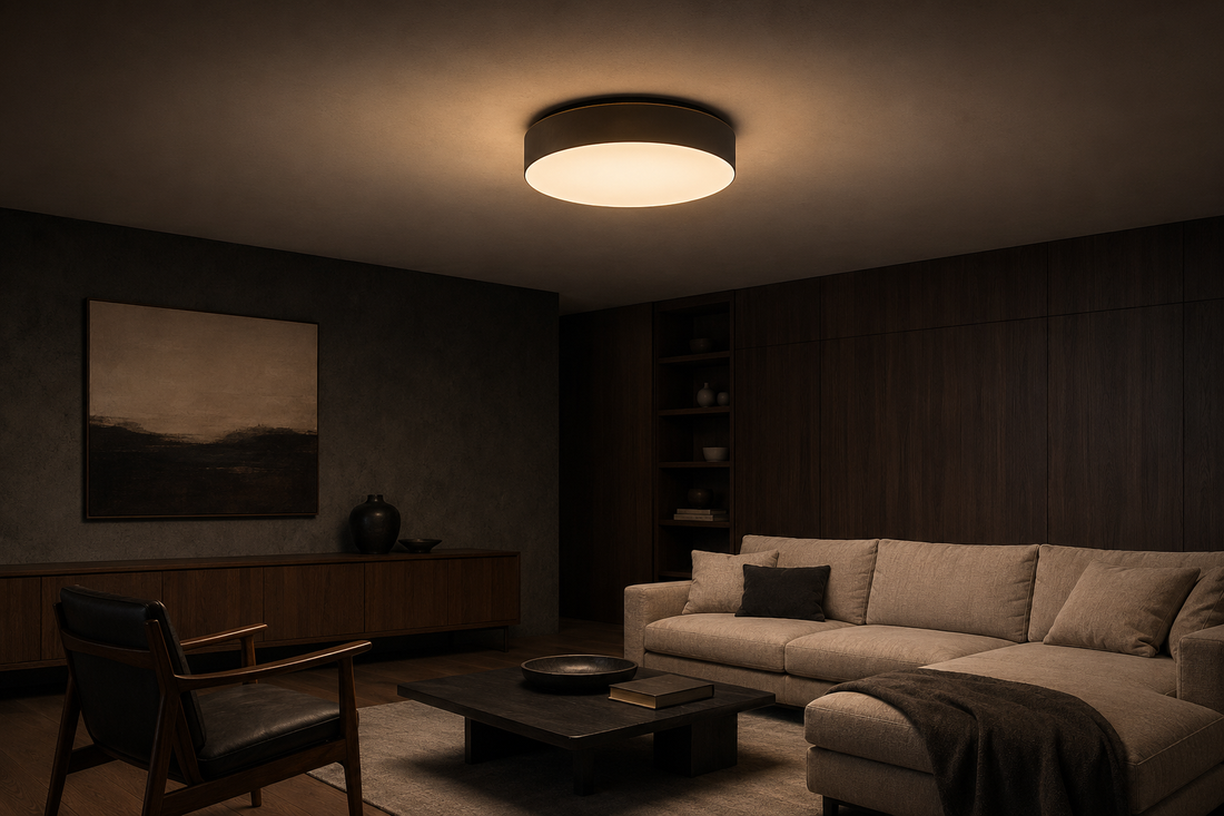 Modern ceiling light illuminating a low-ceiling contemporary living room