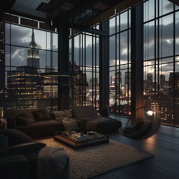 Contemporary city living room with dark materials and modern ambient lighting