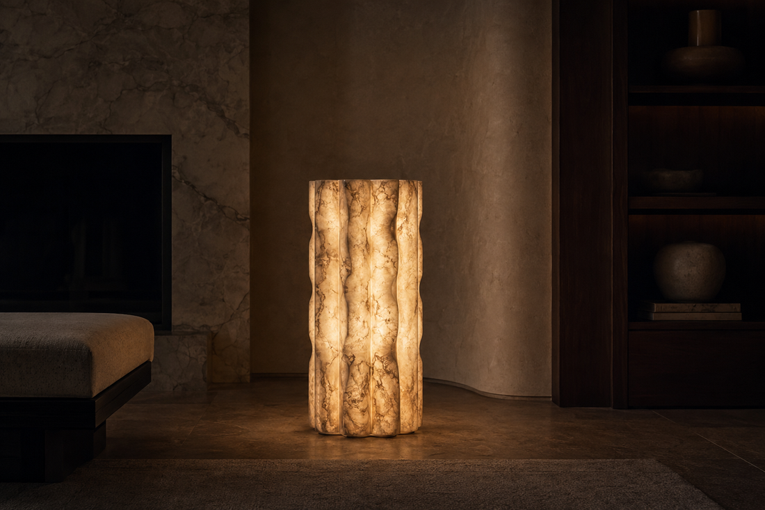 Illuminated natural stone lamp revealing warm mineral texture