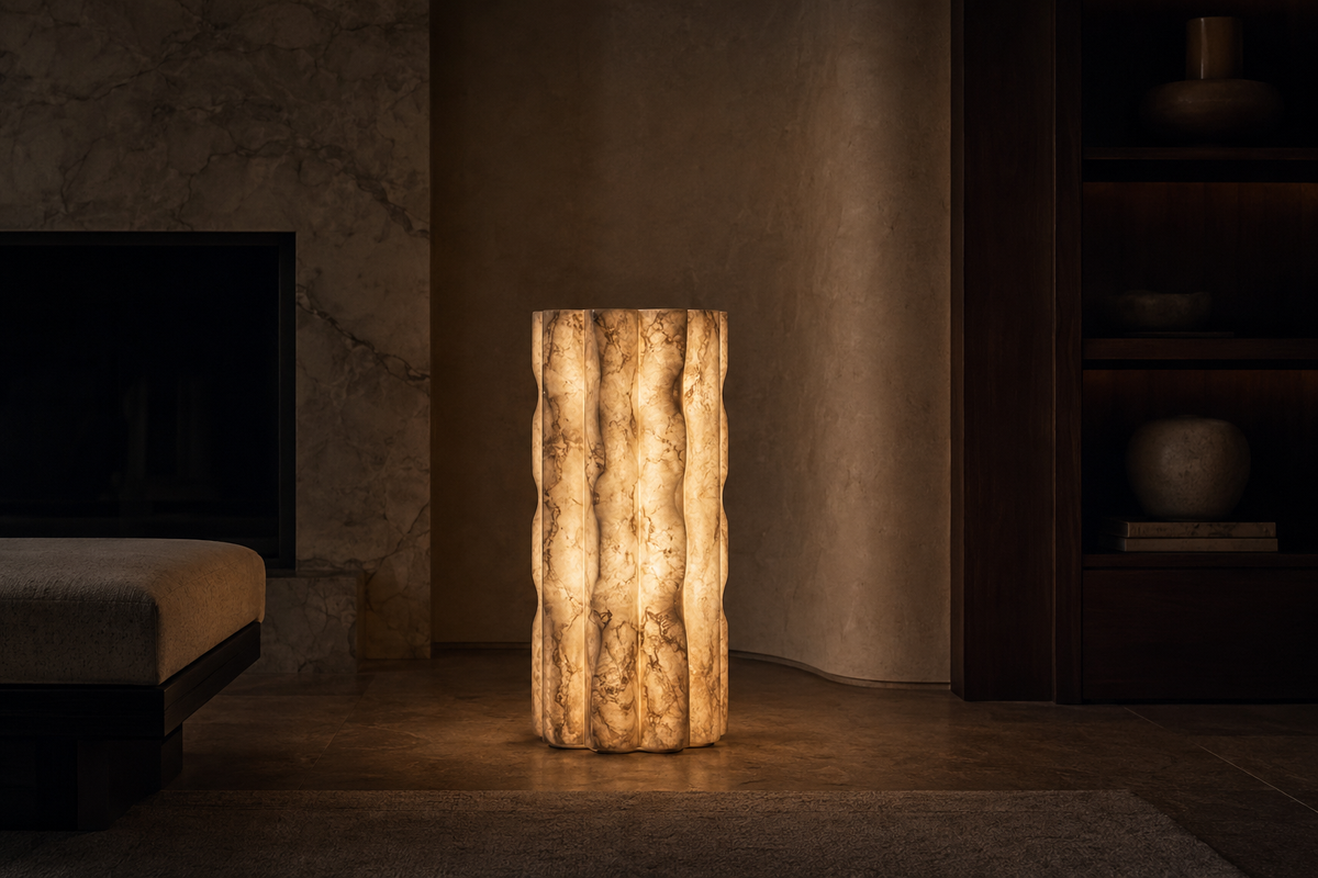 Illuminated natural stone lamp revealing warm mineral texture