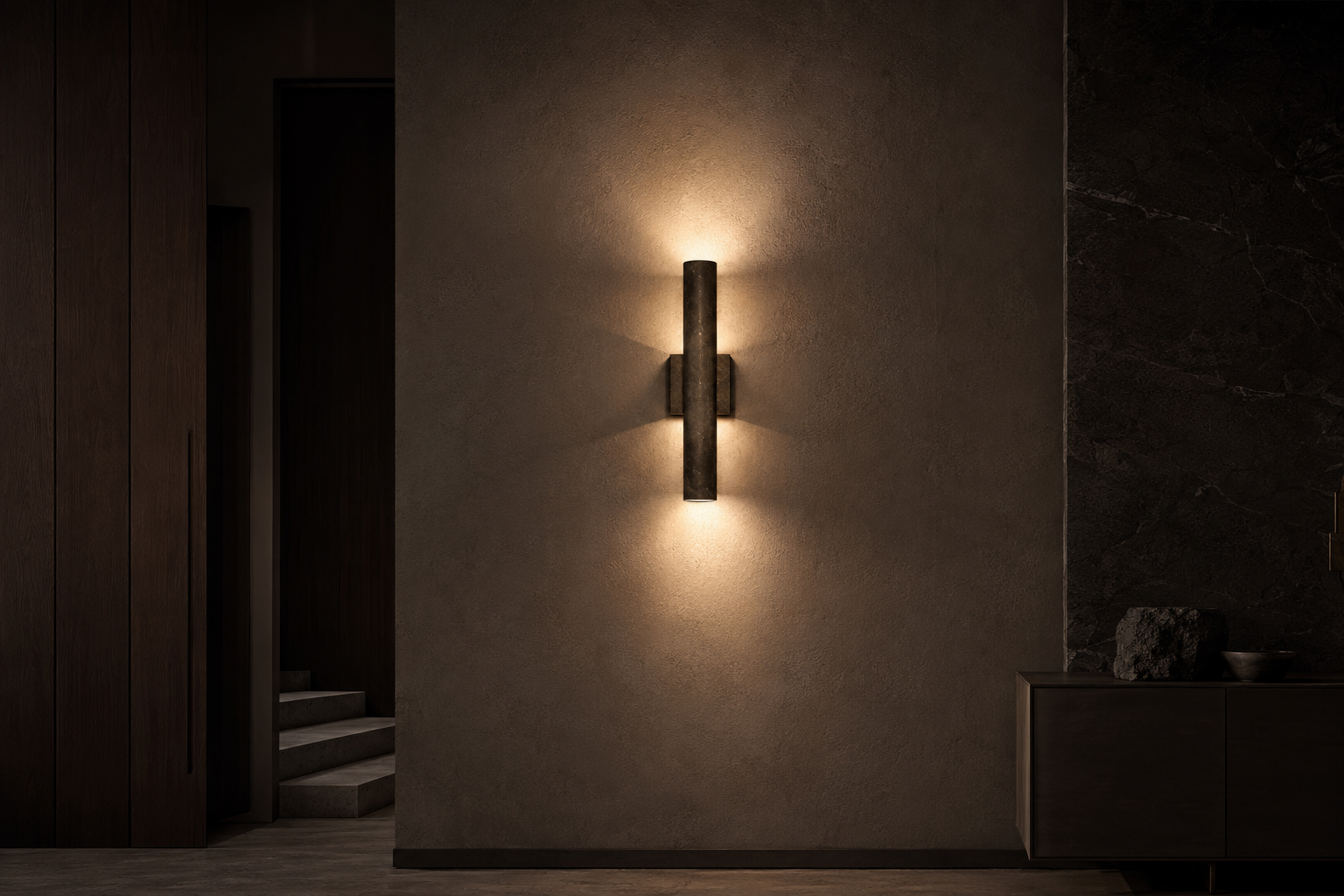 Modern wall sconce casting warm architectural light on textured plaster