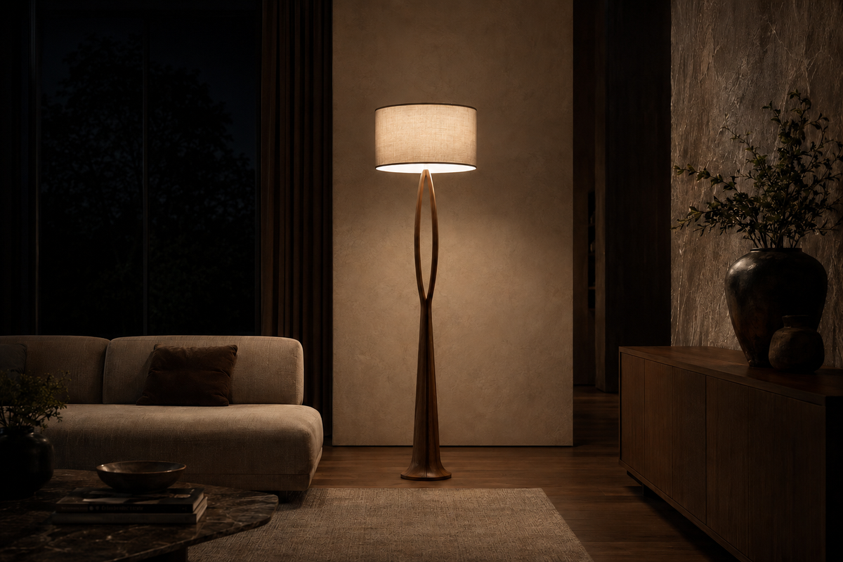 Sculptural floor lamp in a premium dark living room