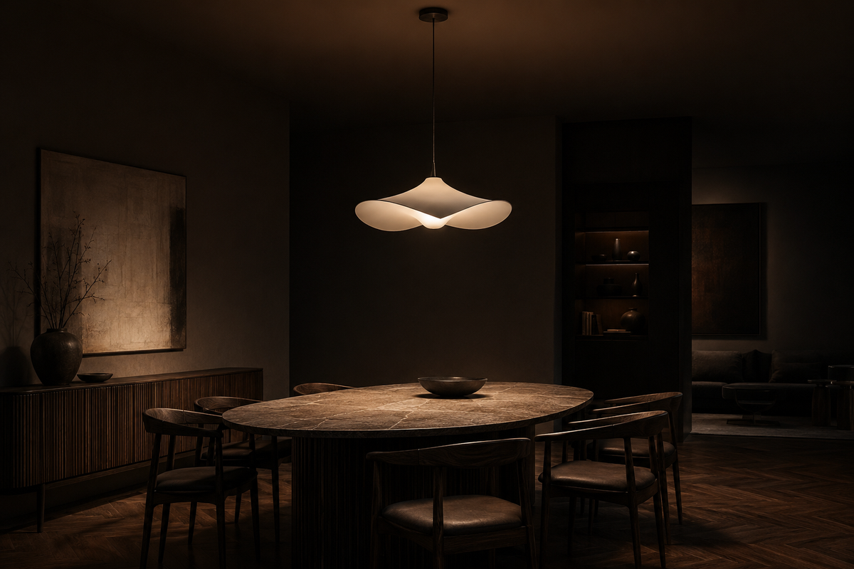 Sculptural pendant light above a dining table