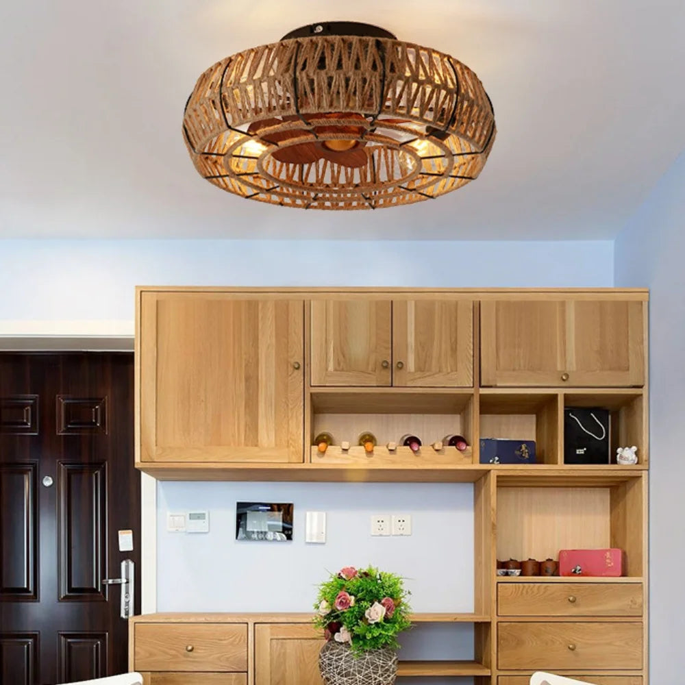 Juniper Hemp Rope Ceiling Fan with Light for Dining Room – Remote Control – detail view 2