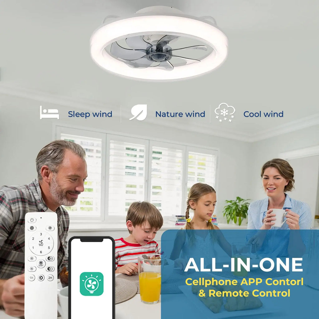 Juniper Low Profile Ceiling Fan with Light for Low-Ceiling Bedroom – App Control