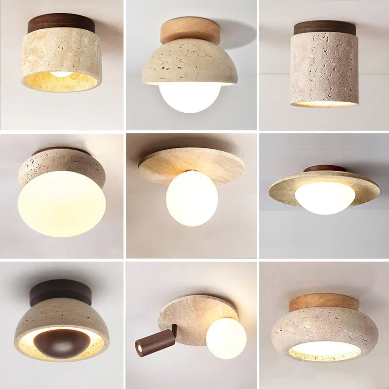 Travertine & Wood Flush Mount Ceiling Light – Vintage Modern Low-Profile for Hallway, Bedroom, Living Room | Coralie Halo by Evenlyr