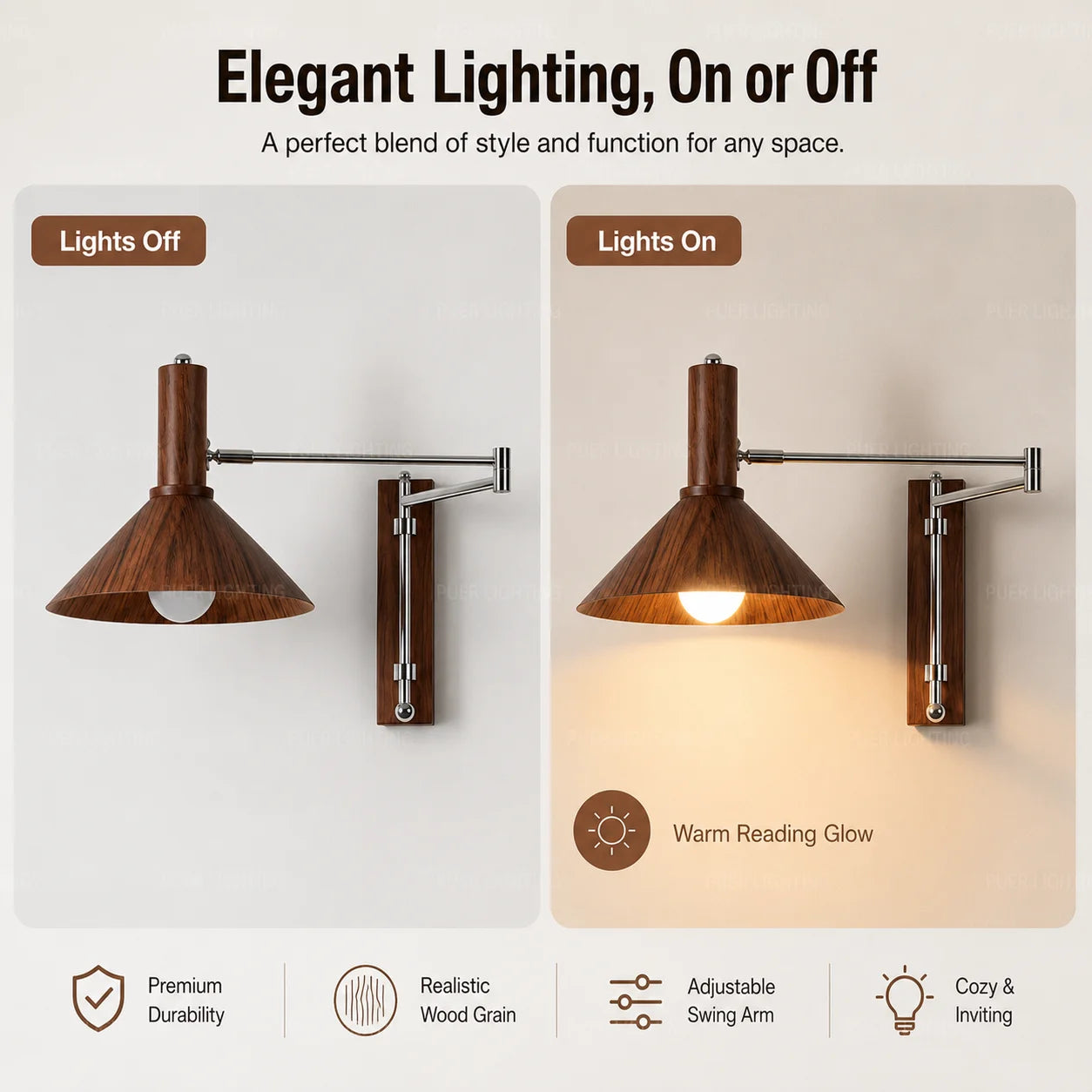 Wood Linear Adjustable Swing-Arm Wall Sconce – Modern Adjustable Plug-In Linear for Bedroom & Bedside, Living Room | Aveline Glow by Evenlyr