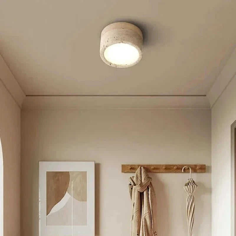 Wabi-Sabi Japanese Flush Mount Ceiling Light – Travertine & Wood Low-Profile for Kitchen, Trade Projects | Vesper Crest by Evenlyr