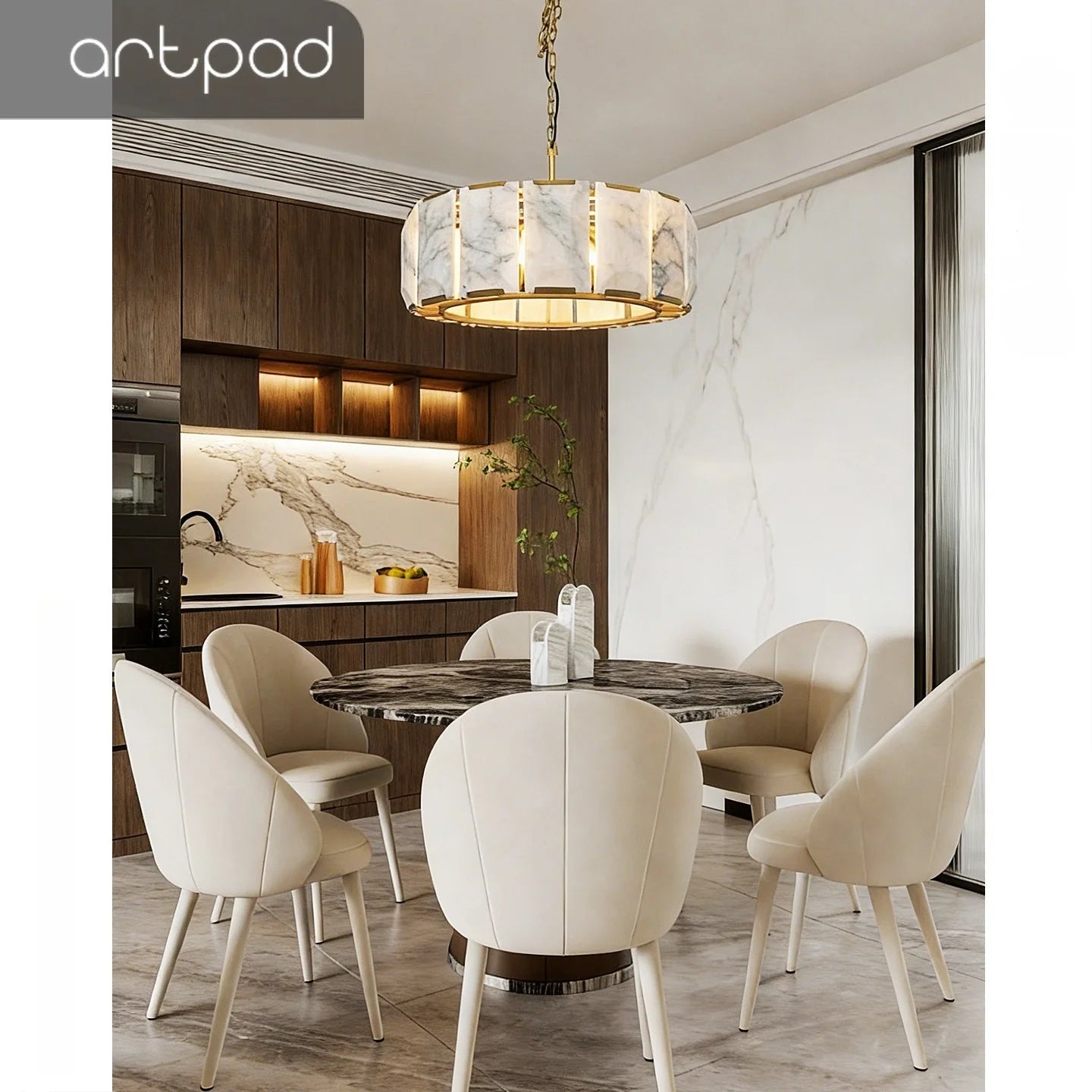 Alabaster & Marble Chandelier – Modern Minimalist Dimmable LED for Dining Room, Living Room, Kitchen Island | Ilyra Crest by Evenlyr