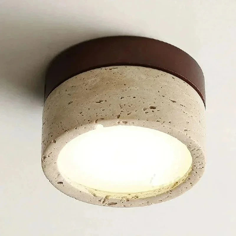 Travertine & Wood Flush Mount Ceiling Light – Wabi-Sabi Japanese Low-Profile for Bedroom, Hallway, Kitchen | Fiora Halo by Evenlyr