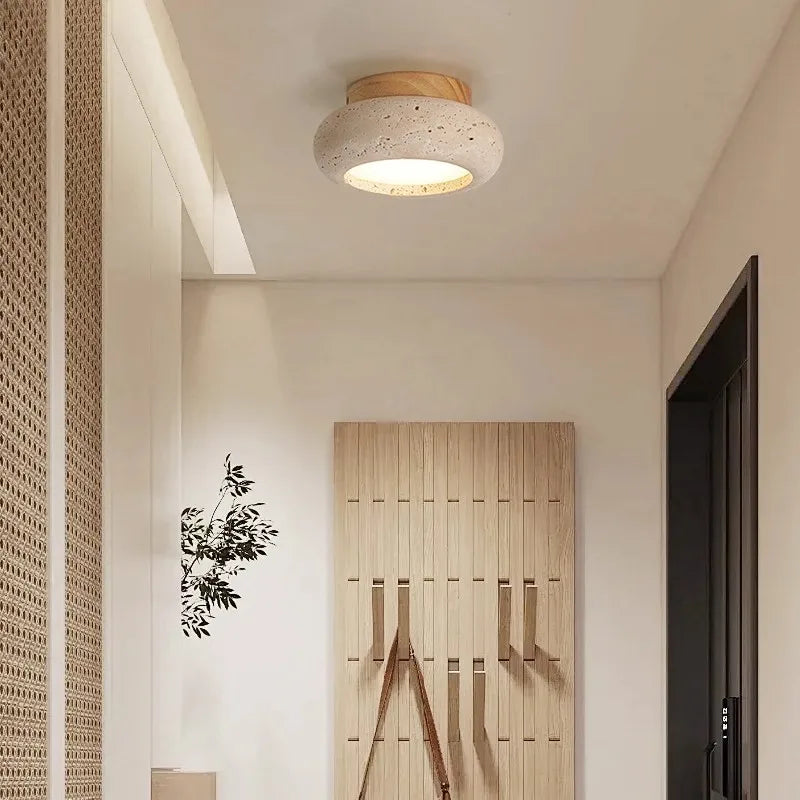 Travertine & Wood Flush Mount Ceiling Light – Nordic Modern Low-Profile for Bedroom, Kitchen, Dining Room | Amaris Halo by Evenlyr