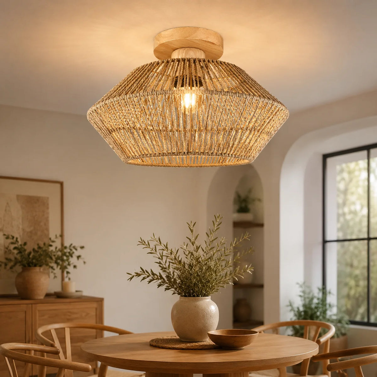 Firenze Rattan Flush Mount Ceiling Light for Living Room – product view