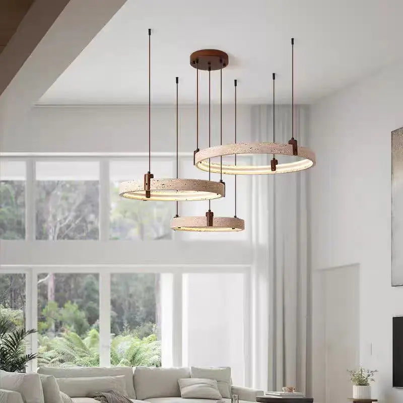 Travertine Round Pendant Light – Wabi-Sabi Minimalist LED for Living Room | Maris Arc by Evenlyr