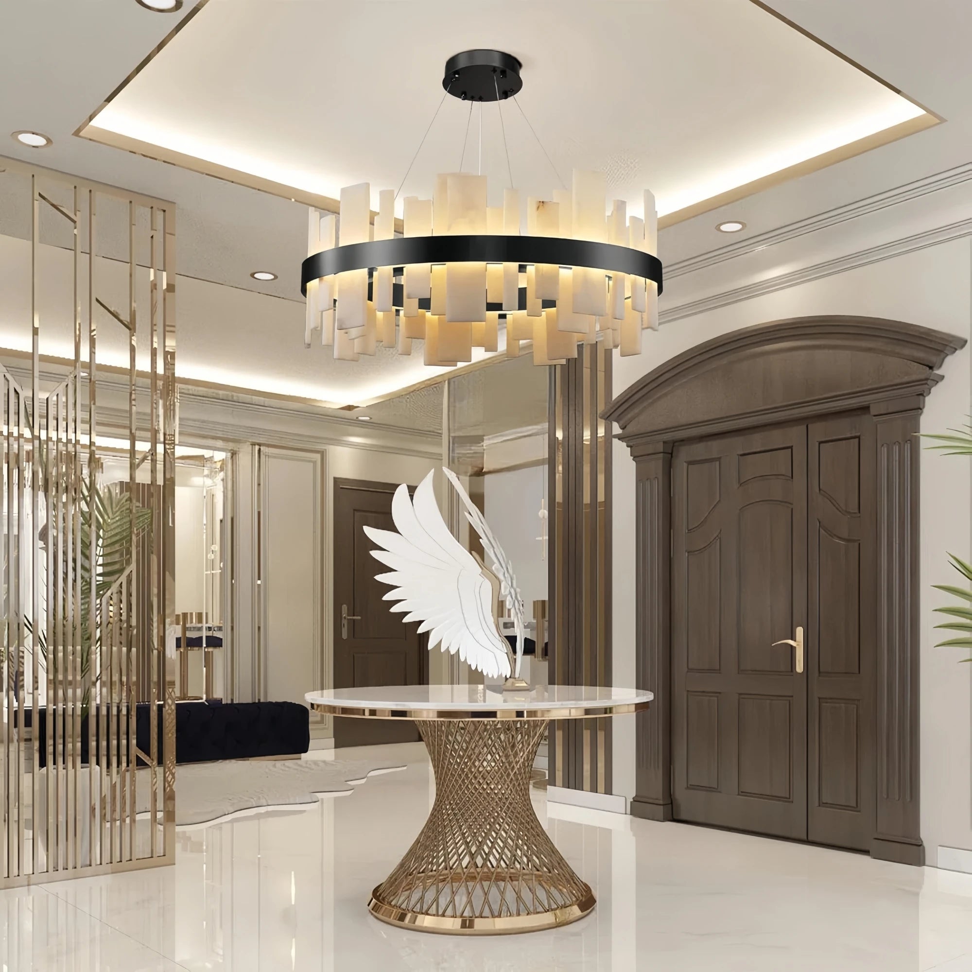 Alabaster & Marble Chandelier – Art Deco Dimmable LED for Dining Room, Bedroom, Living Room | Solenne Dome by Evenlyr