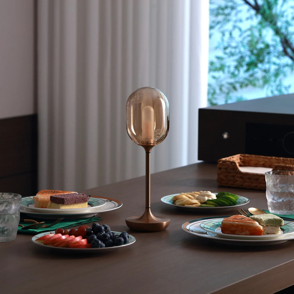 Metal Table Lamp – Modern Minimalist Cordless Rechargeable for Bedside, Desk & Office, Restaurant Table | Halcyon Cascade by Evenlyr