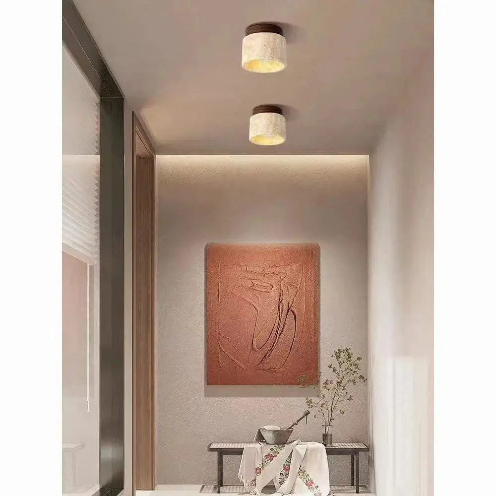 Travertine & Wood Round Flush Mount Ceiling Light – Japanese LED for Hallway & Entryway, Living Room | Solenne Frame by Evenlyr