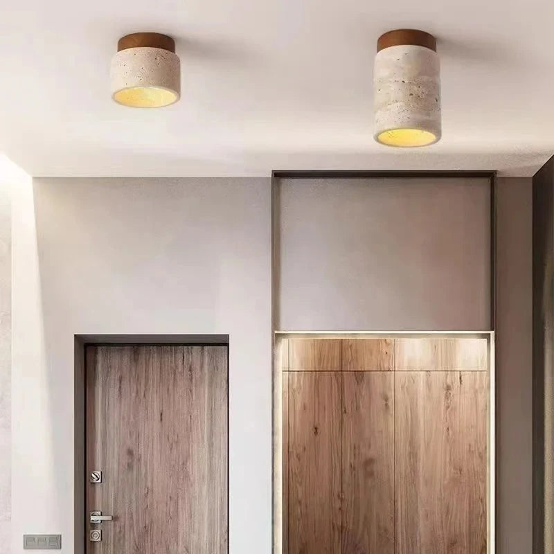 Travertine & Wood Round Flush Mount Ceiling Light – Japanese LED for Hallway & Entryway, Living Room | Maris Contour by Evenlyr