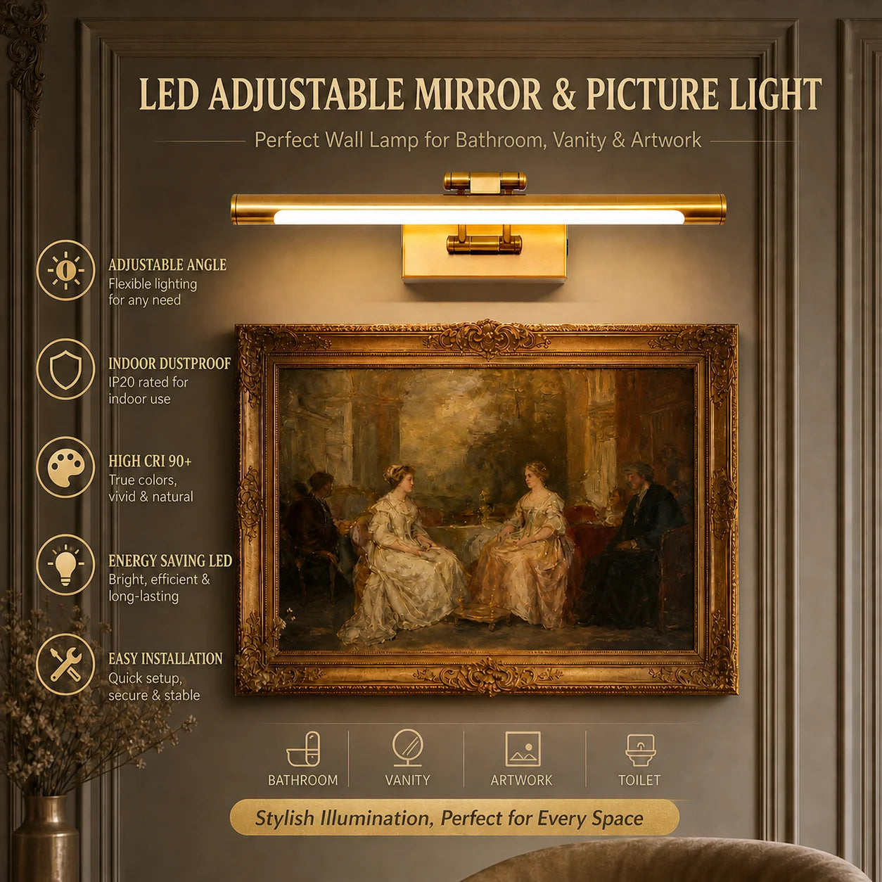 Metal LED Bathroom Vanity & Mirror Light – Modern LED for Bathroom, Gallery & Artwork | Selene Arc by Evenlyr