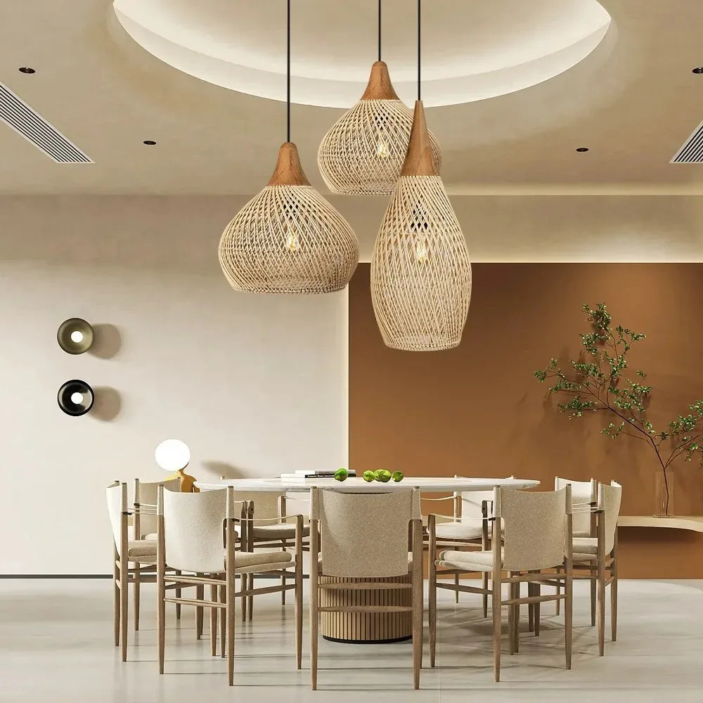 Rattan & Wood Pendant Light – Vintage Modern for Dining Room, Restaurant, Bedroom | Bellara Orbit by Evenlyr