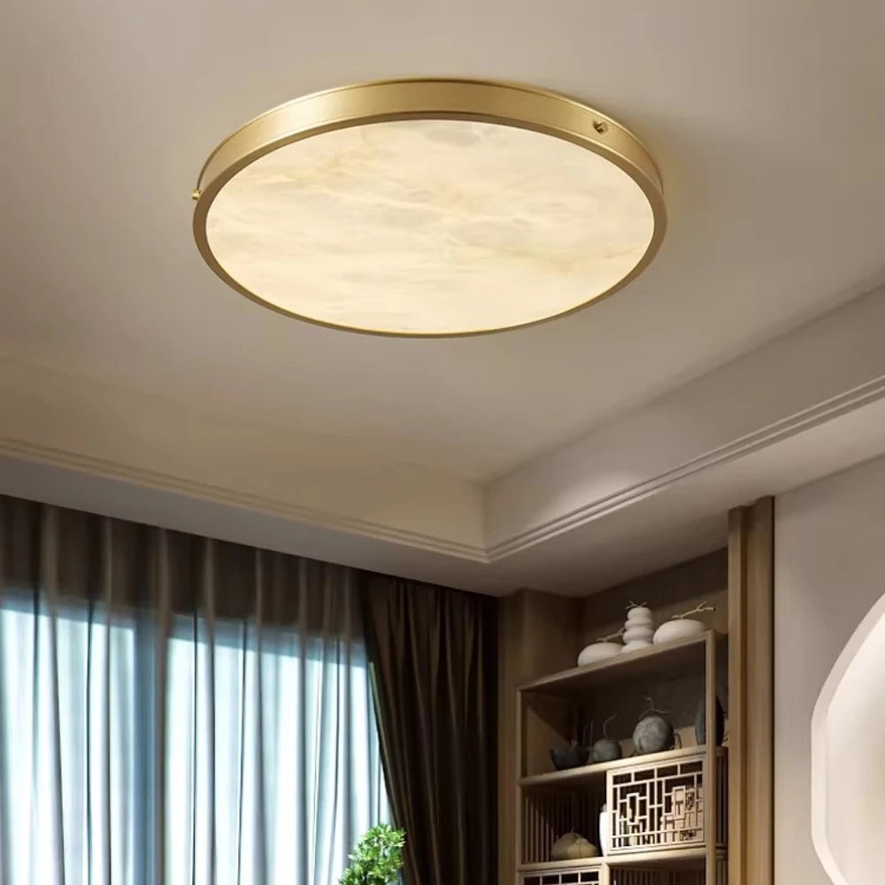Alabaster & Marble Round Flush Mount Ceiling Light – Modern LED Slim for Bedroom & Bedside, Living Room | Lunara Halo by Evenlyr