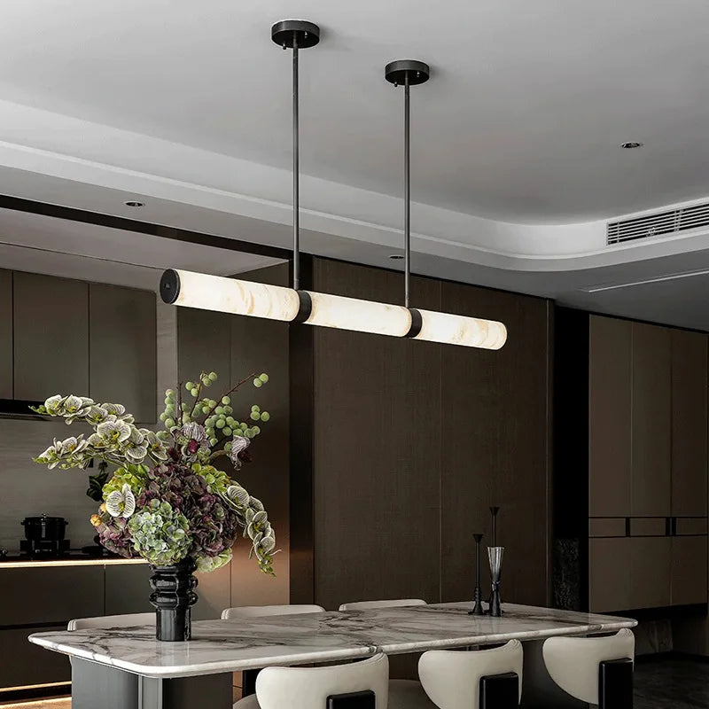 Alabaster & Marble Chandelier – Modern Minimalist Linear LED for Dining Room, Kitchen Island, Living Room | Lucienne Line by Evenlyr