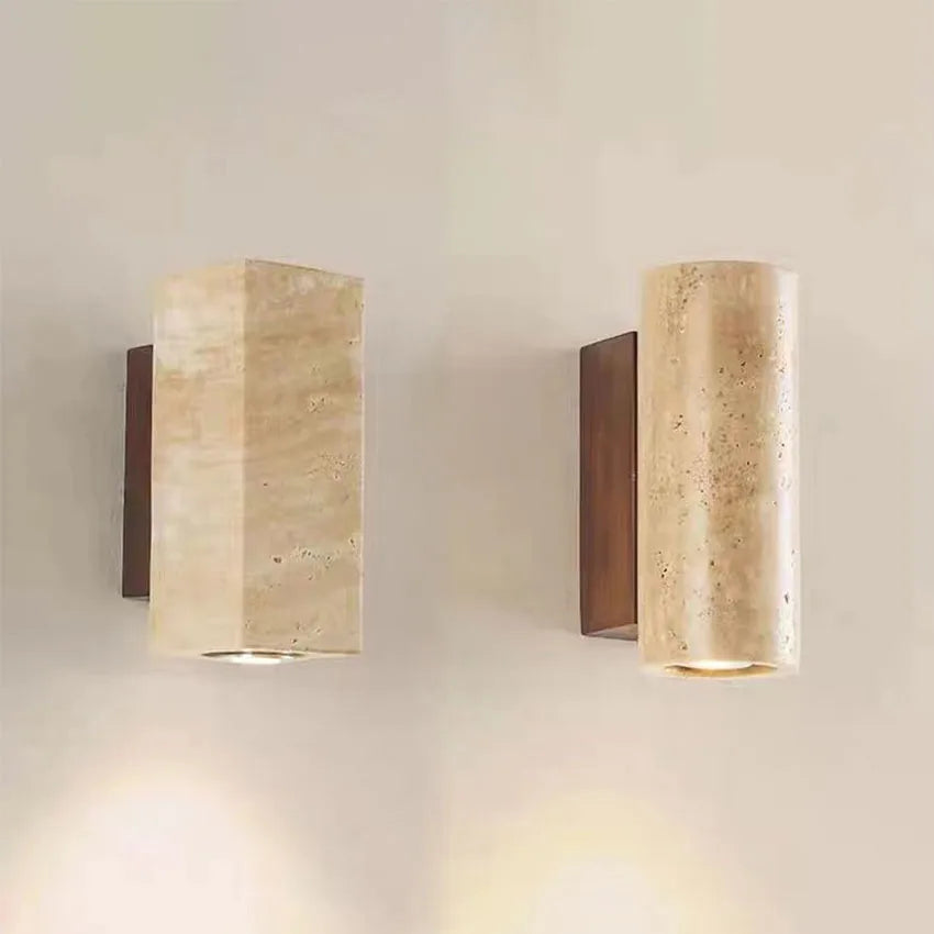 Travertine & Wood Wall Sconce – Wabi-Sabi Japanese for Bedroom, Hallway, Living Room | Fiora Beam by Evenlyr