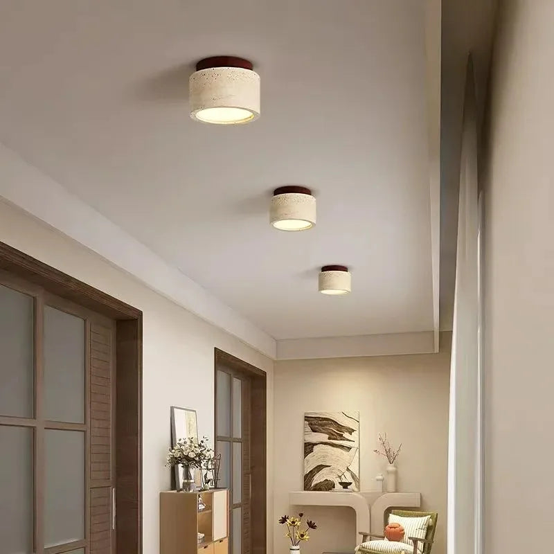 Travertine & Wood Round Flush Mount Ceiling Light – Japanese LED for Hallway & Entryway, Living Room | Solenne Frame by Evenlyr