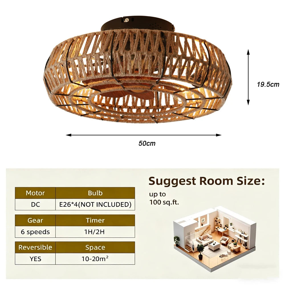 Juniper Hemp Rope Ceiling Fan with Light for Dining Room – Remote Control – detail view 7