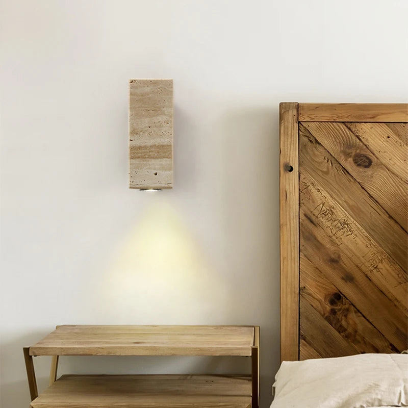 Travertine & Wood Wall Sconce – Wabi-Sabi Japanese for Bedroom, Hallway, Living Room | Fiora Beam by Evenlyr
