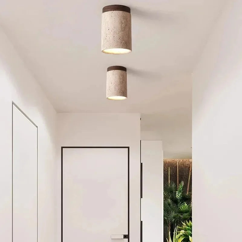 Travertine & Wood Round Flush Mount Ceiling Light – Japanese LED for Hallway & Entryway, Living Room | Maris Contour by Evenlyr