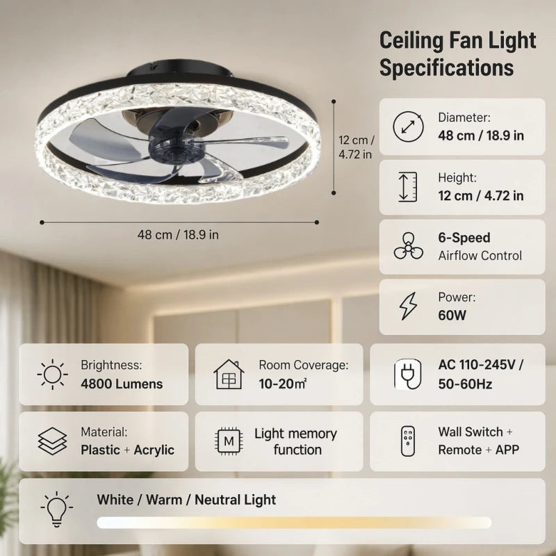 Helios Low-Noise DC Ceiling Fan Light for Living Room – 6-Speed Remote