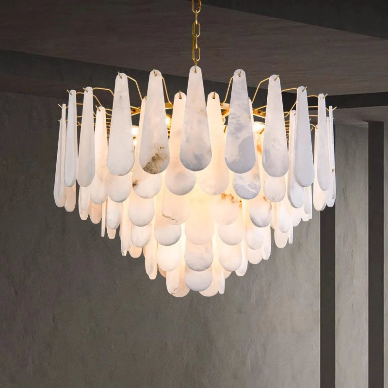 Alabaster & Marble Chandelier – Modern Minimalist Dimmable LED for Living Room, Foyer, Staircase | Maris Dome by Evenlyr