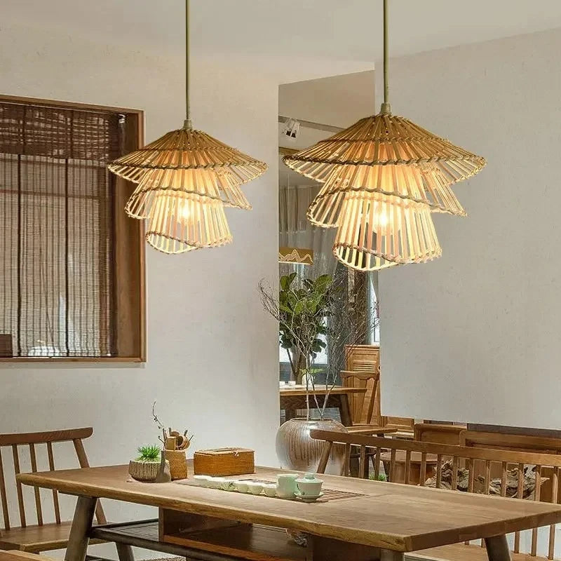Rattan & Wood Chandelier – Wabi-Sabi Japanese for Dining Room, Bedroom, Living Room | Amaris Dome by Evenlyr