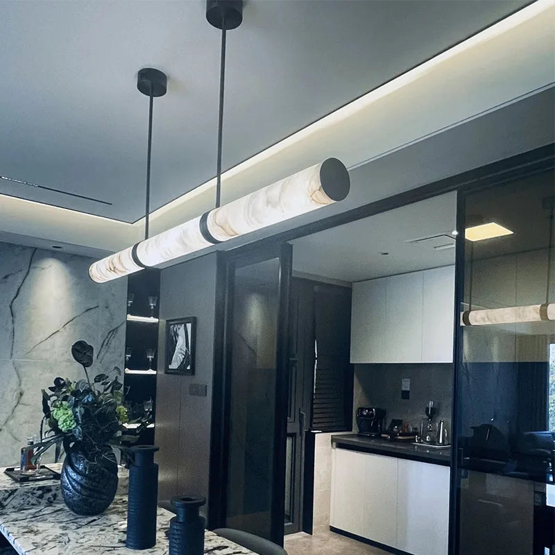 Alabaster & Marble Chandelier – Modern Minimalist Linear LED for Dining Room, Kitchen Island, Living Room | Lucienne Line by Evenlyr