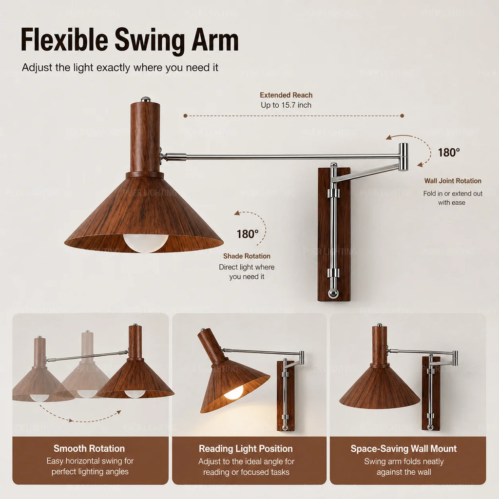 Wood Linear Adjustable Swing-Arm Wall Sconce – Modern Adjustable Plug-In Linear for Bedroom & Bedside, Living Room | Aveline Glow by Evenlyr