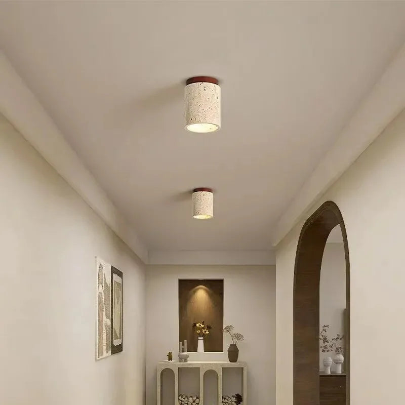 Travertine & Wood Round Flush Mount Ceiling Light – Japanese LED for Hallway & Entryway, Living Room | Solenne Frame by Evenlyr