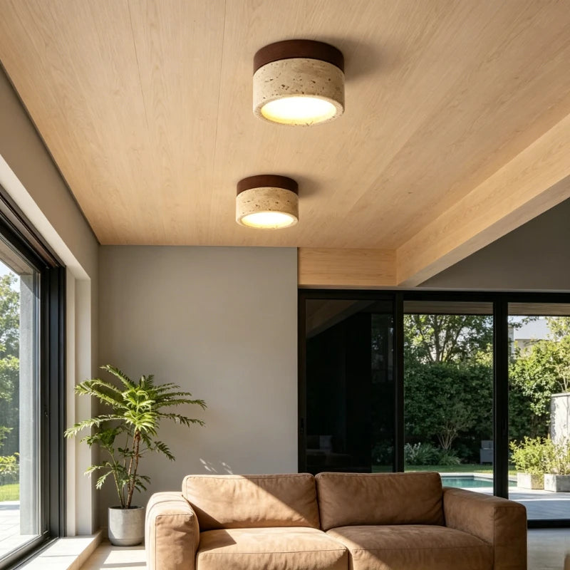 Travertine & Wood Flush Mount Ceiling Light – Wabi-Sabi Japanese Low-Profile for Bedroom, Hallway, Kitchen | Fiora Halo by Evenlyr