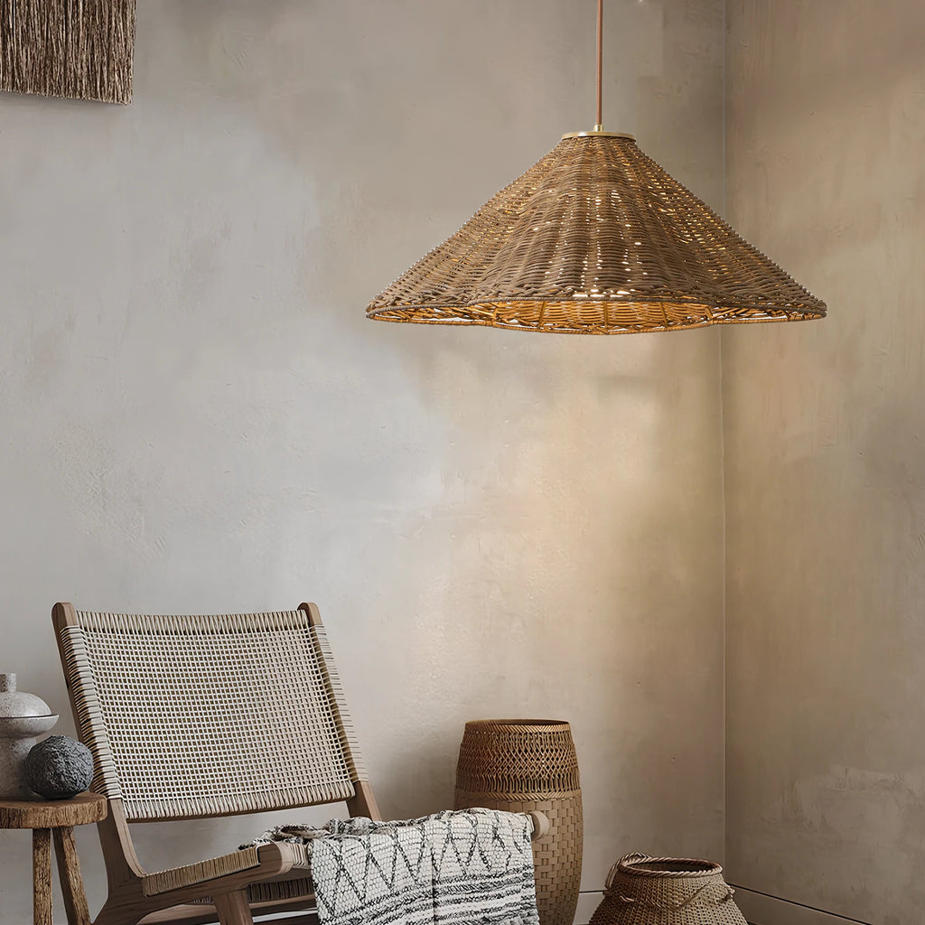 Rattan & Wood Chandelier – Organic Modern for Dining Room, Living Room, Kitchen Island | Solenne Orbit by Evenlyr