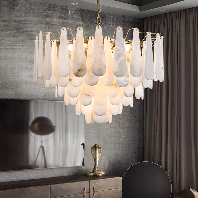 Alabaster & Marble Chandelier – Modern Minimalist Dimmable LED for Living Room, Foyer, Staircase | Maris Dome by Evenlyr