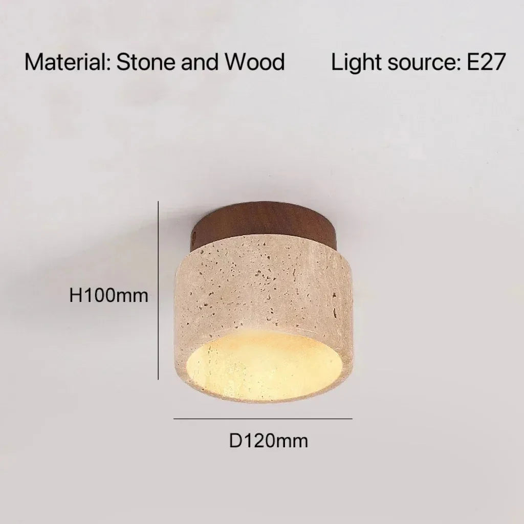 Travertine & Wood Round Flush Mount Ceiling Light – Japanese LED for Hallway & Entryway, Living Room | Maris Contour by Evenlyr