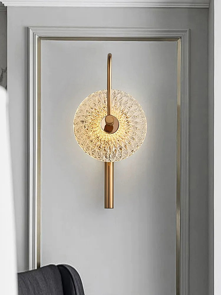 Modern Luxury Round Glass Wall Sconce Brass Frame Sunburst Shade Lamp Bedroom Villa Hotel Warm Soft Indoor Home Decor Lighting