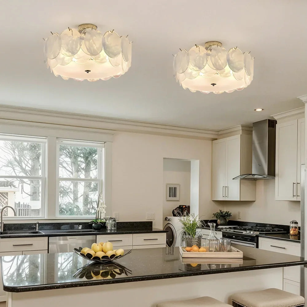 Glass & Brass Round Flush Mount Ceiling Light – Modern for Bedroom & Bedside, Living Room, Dining Room & Kitchen | Solenne Line by Evenlyr