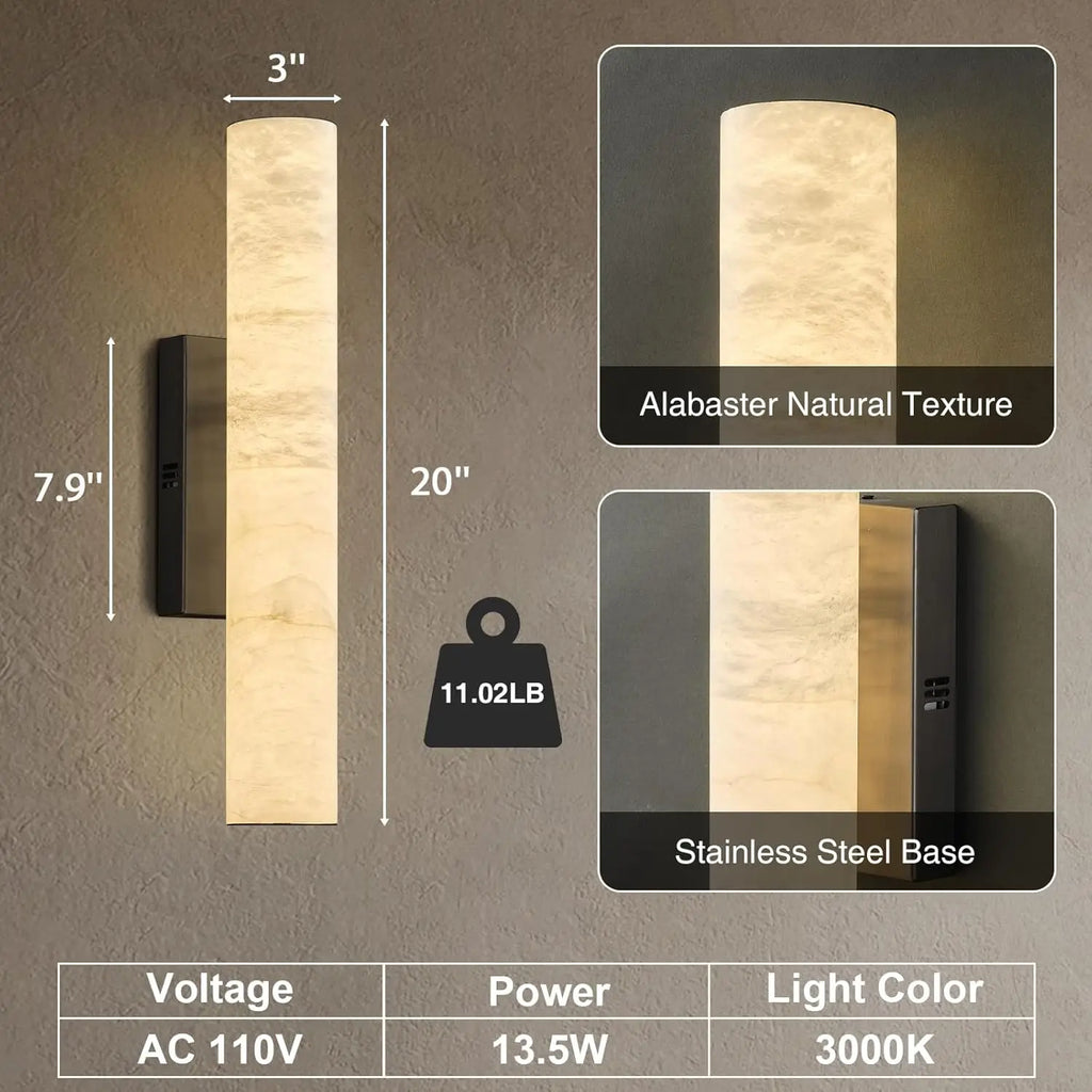 Alabaster & Marble Cylinder Wall Sconce – Modern for Bedroom & Bedside, Hallway & Entryway, Living Room | Lunara Veil by Evenlyr
