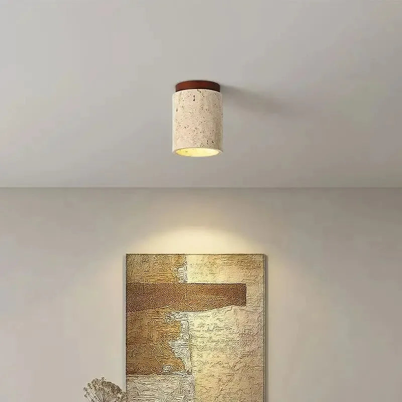 Travertine & Wood Round Flush Mount Ceiling Light – Japanese LED for Hallway & Entryway, Living Room | Solenne Frame by Evenlyr