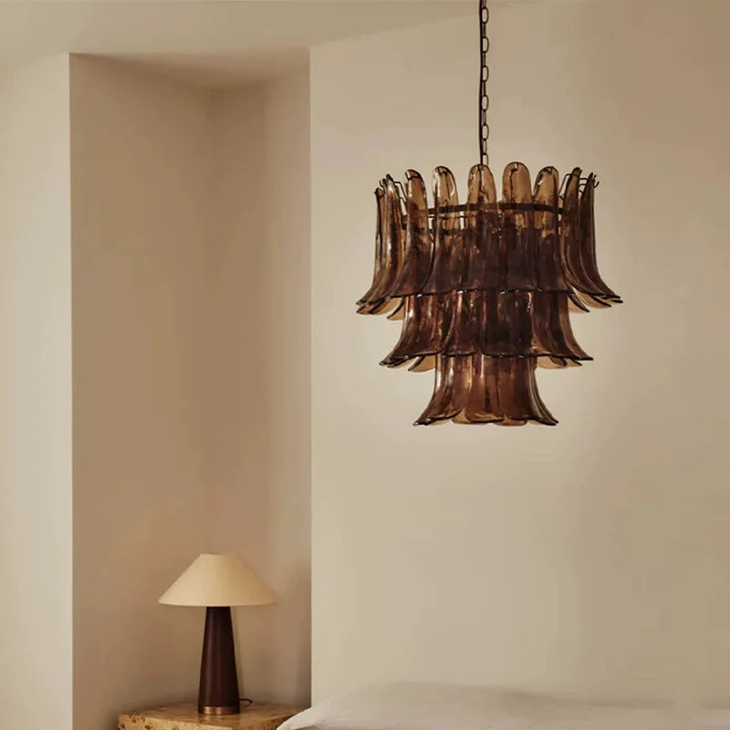 Murano-Style Glass & Brass Chandelier – Modern Minimalist Dimmable LED for Hotel Lobby, Dining Room, Living Room | Zaria Arc by Evenlyr