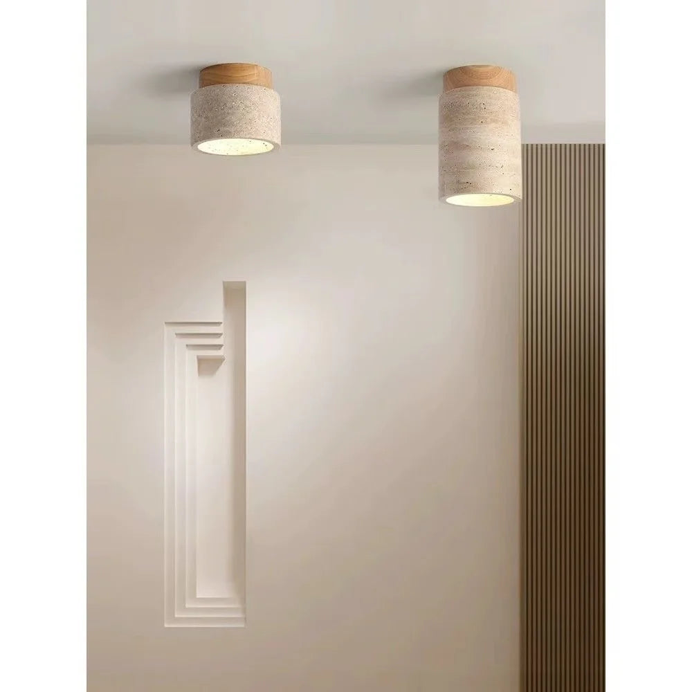 Travertine & Wood Round Flush Mount Ceiling Light – Japanese LED for Hallway & Entryway, Living Room | Maris Contour by Evenlyr
