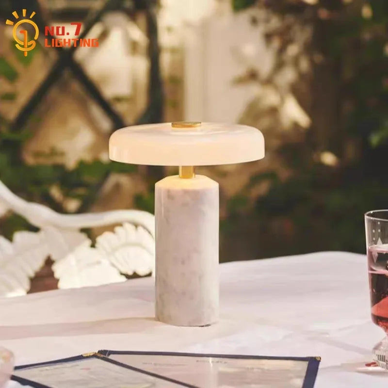 Niva Wisp Marble Desk Lamp – Rechargeable styled in a living room interior