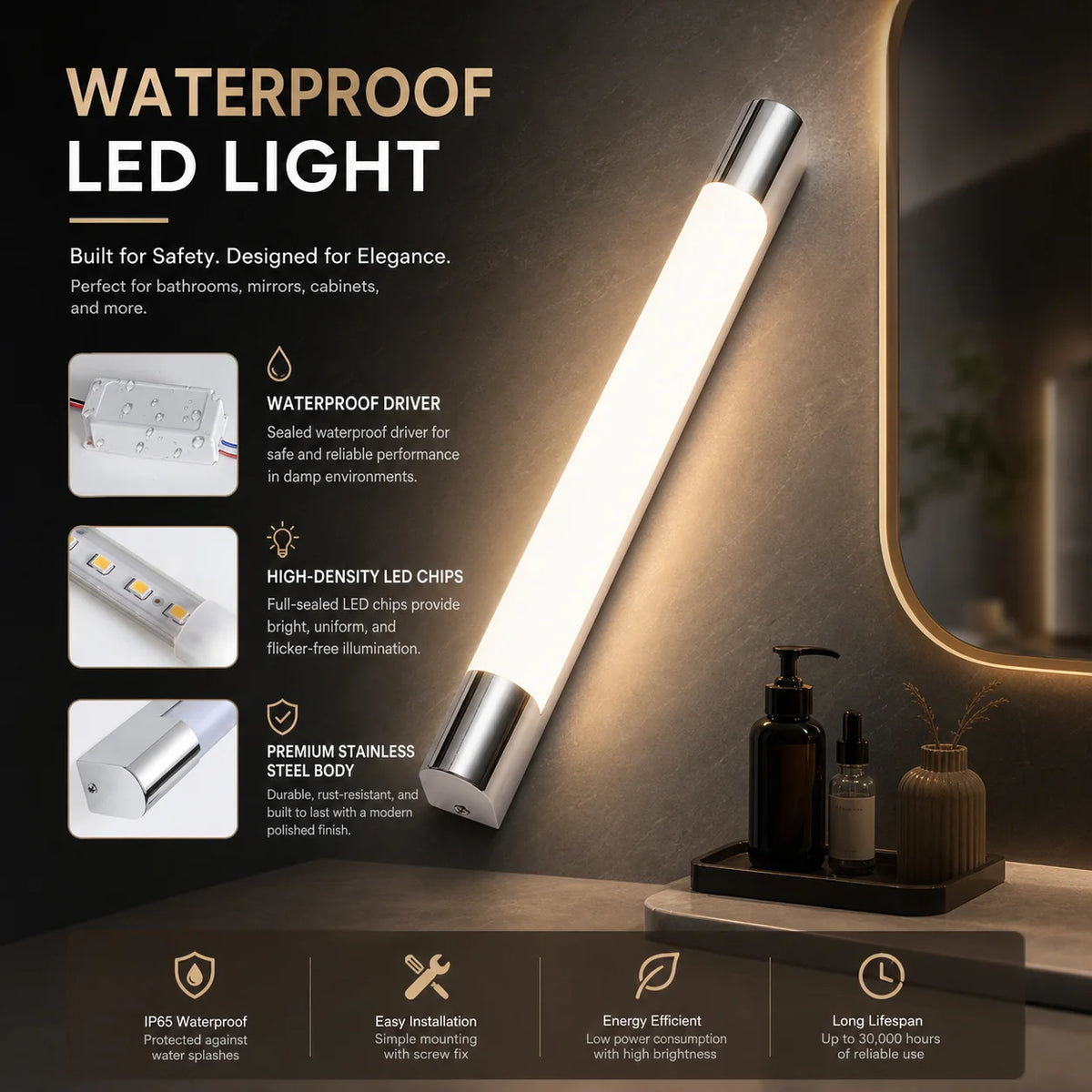 Orlena Adjustable LED Bathroom Mirror Light for Vanity Area – Stainless Steel
