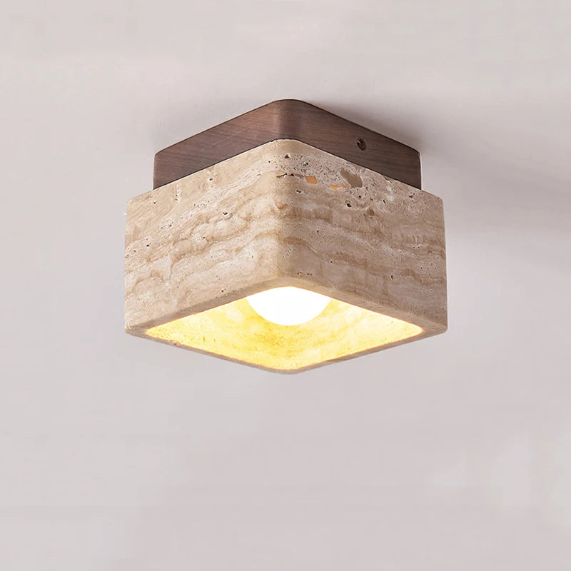 Wabi-Sabi Japanese Flush Mount Ceiling Light – Travertine & Wood Low-Profile for Living Room, Trade Projects | Amaris Crest by Evenlyr
