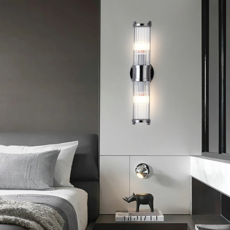 Crystal & Glass Cylinder Wall Sconce – Modern for Bathroom, Bedroom & Bedside, Hotel & Hospitality | Nerina Arc by Evenlyr